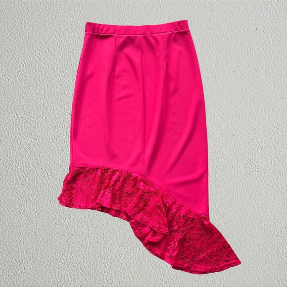 Red asymmetrical hem lace skirt, romantic cherry girl flirty Y2K night out date - Picture 2 of 5